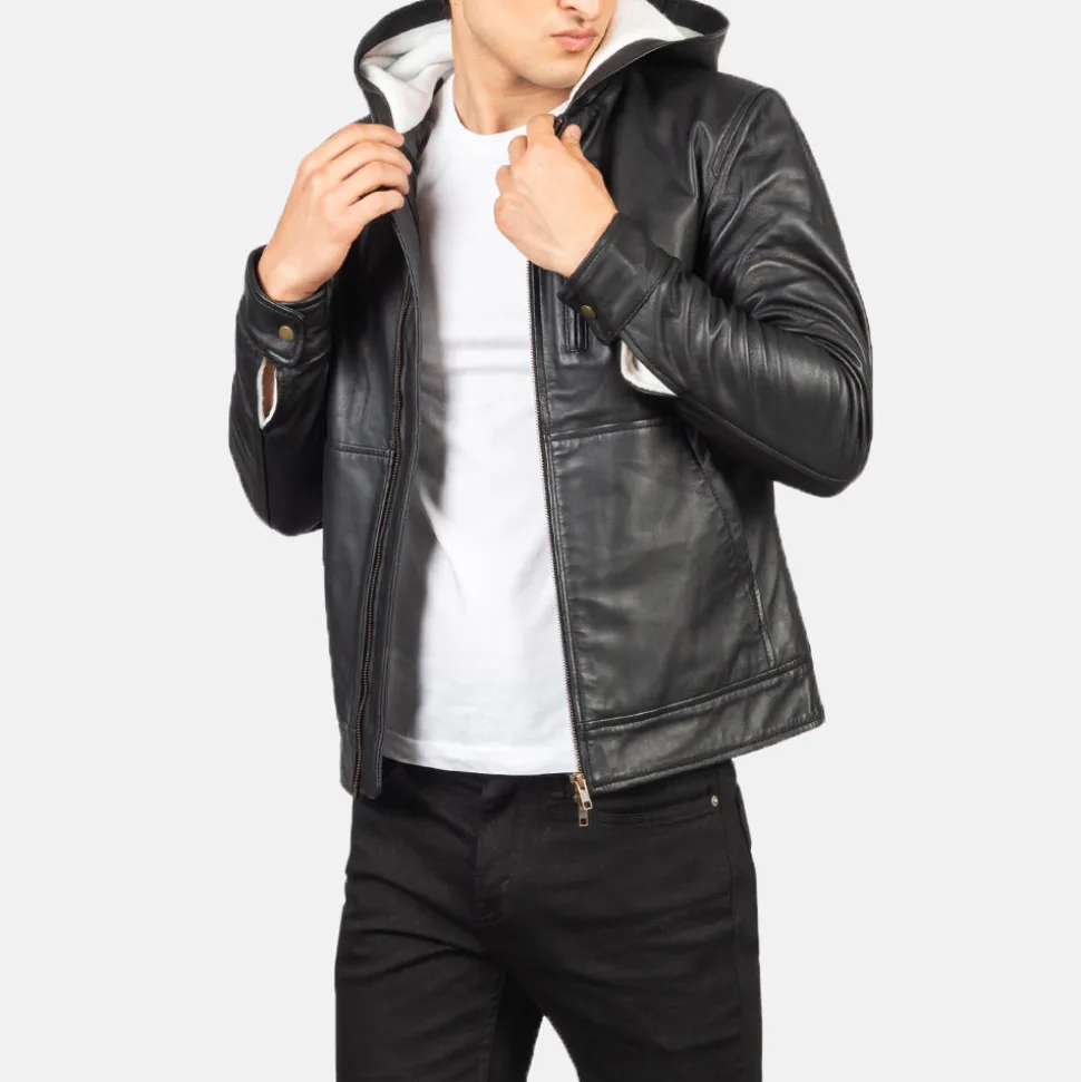 Baston Black Hooded Leather Bomber Jacket