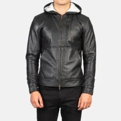 Baston Black Hooded Leather Bomber Jacket