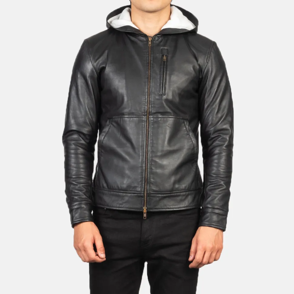 Baston Black Hooded Leather Bomber Jacket