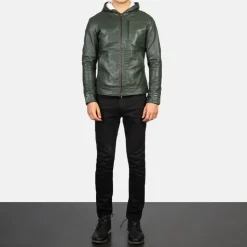 Baston Green Hooded Leather Bomber Jacket