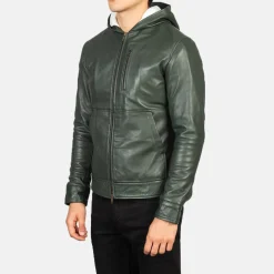 Baston Green Hooded Leather Bomber Jacket