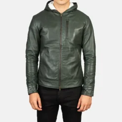 Baston Green Hooded Leather Bomber Jacket