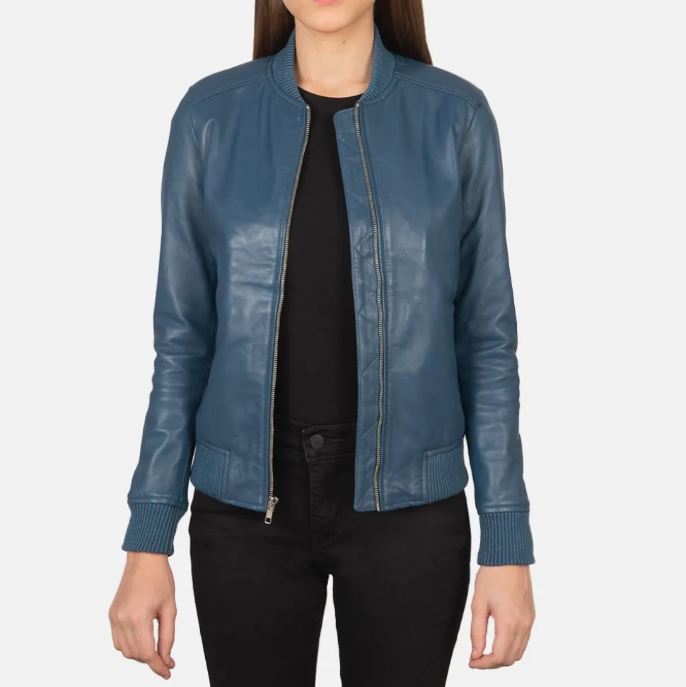 Bliss Blue Leather Bomber Jacket