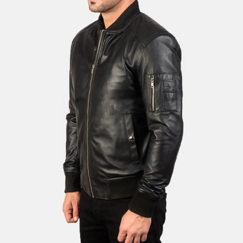 Bomia Ma-1 Black Leather Bomber Jacket