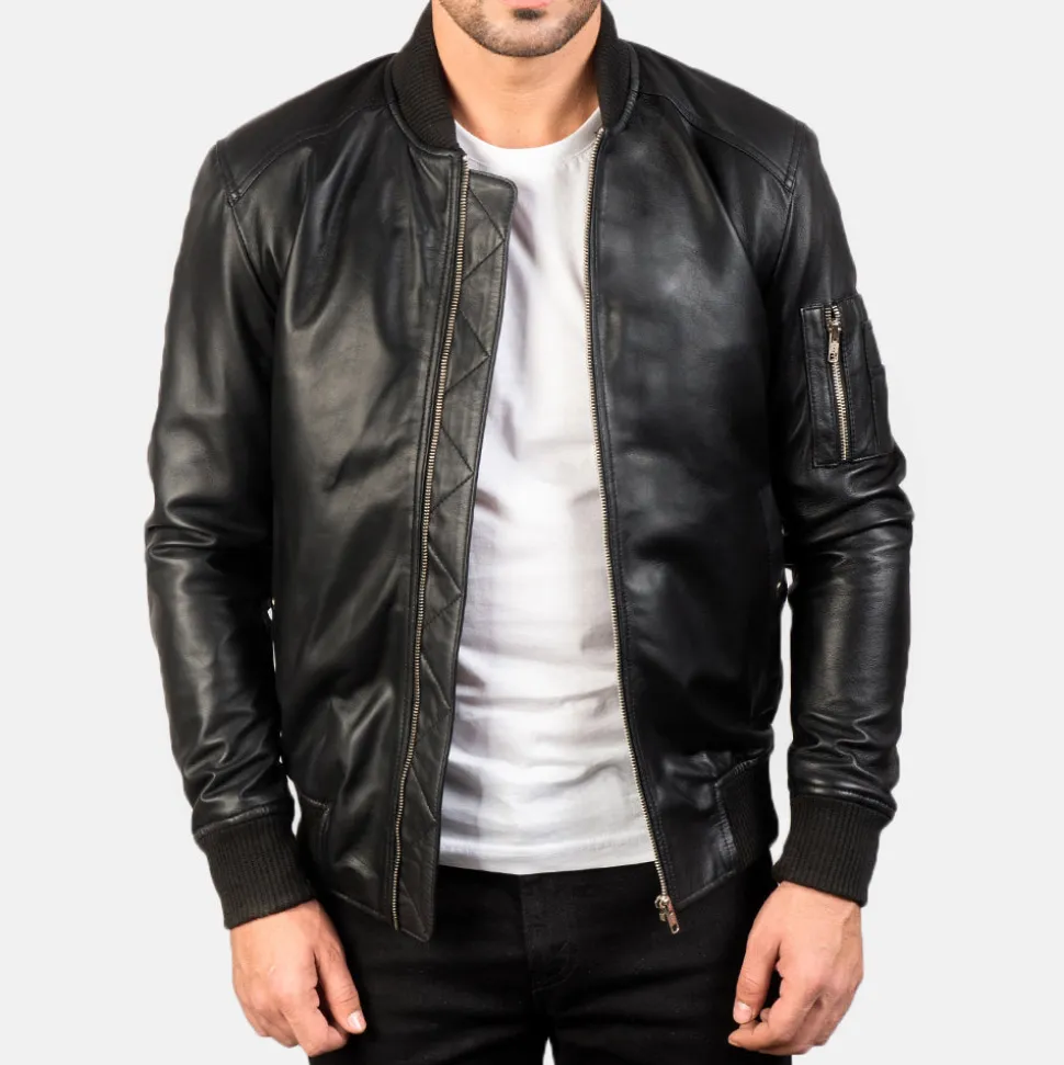 Bomia Ma-1 Black Leather Bomber Jacket