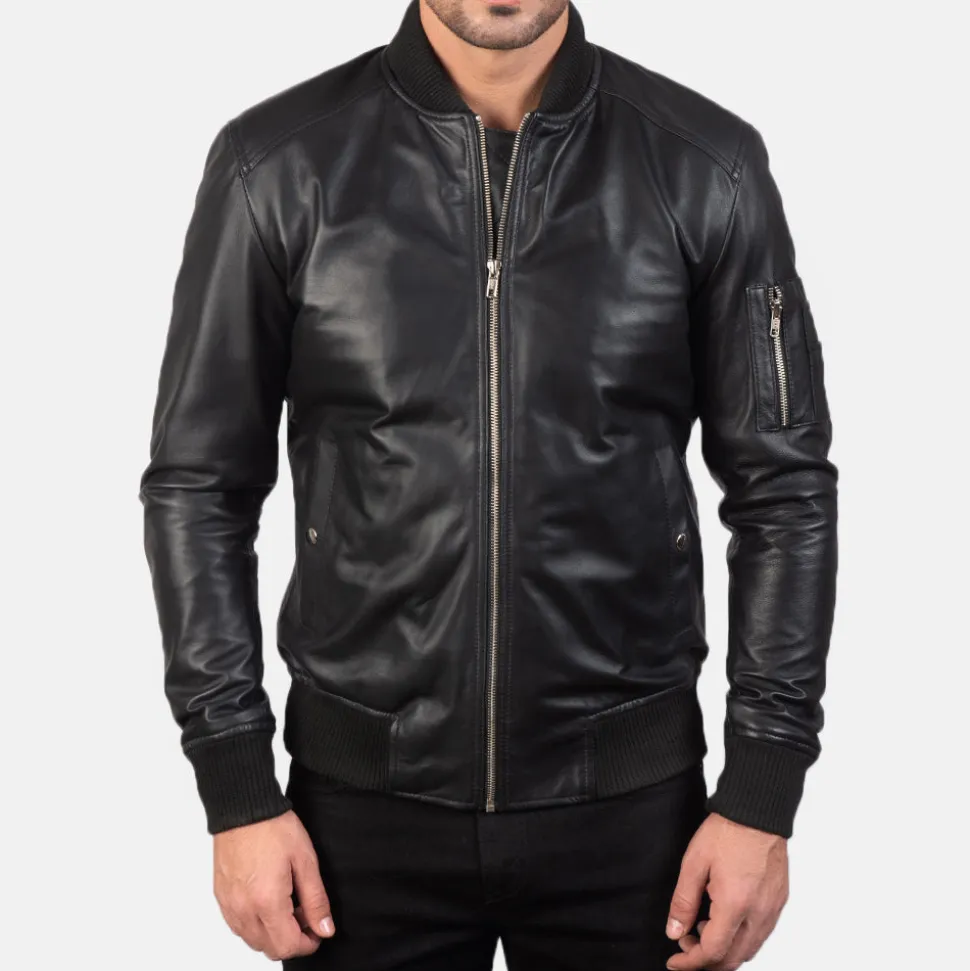 Bomia Ma-1 Black Leather Bomber Jacket