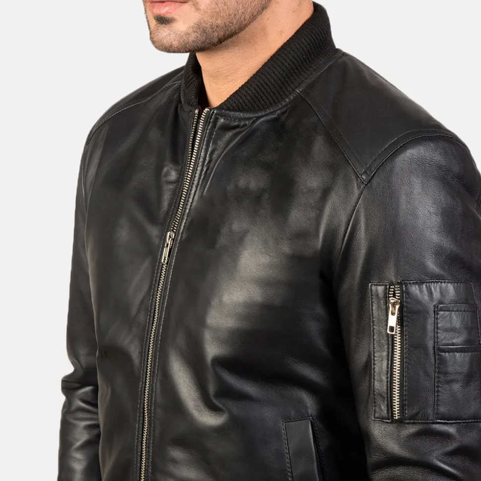 Bomia Ma-1 Black Leather Bomber Jacket