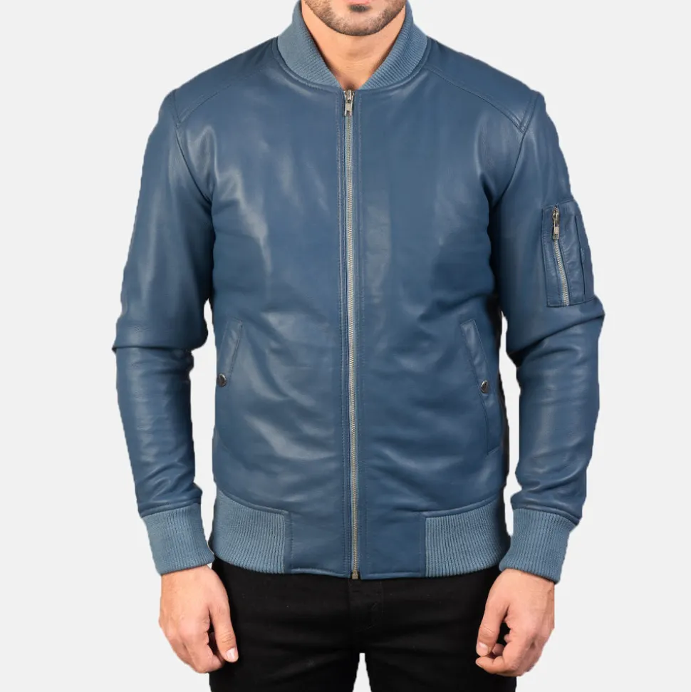 Bomia Ma-1 Blue Leather Bomber Jacket