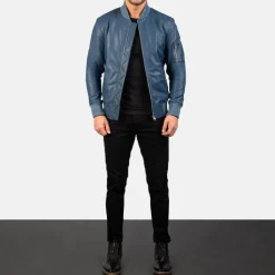 Bomia Ma-1 Blue Leather Bomber Jacket