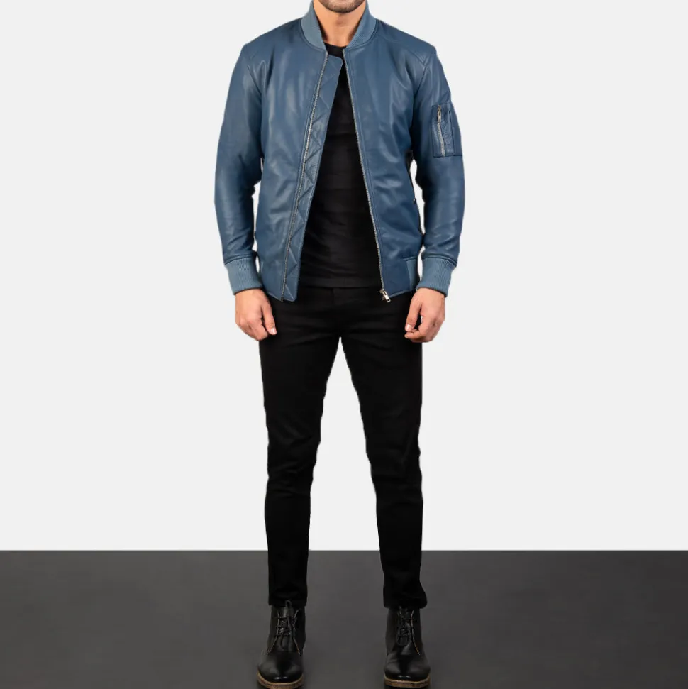 Bomia Ma-1 Blue Leather Bomber Jacket