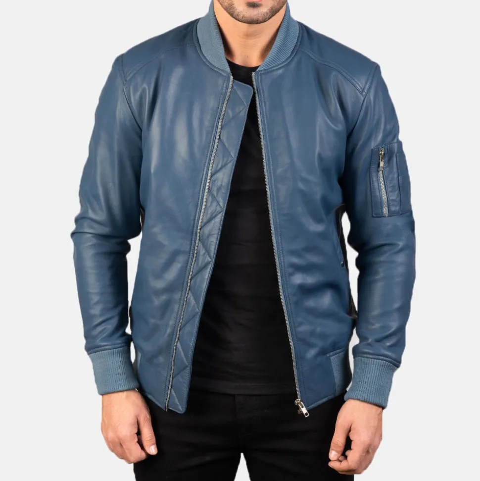 Bomia Ma-1 Blue Leather Bomber Jacket
