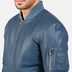 Bomia Ma-1 Blue Leather Bomber Jacket