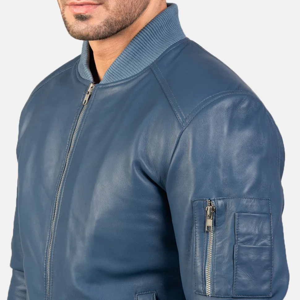 Bomia Ma-1 Blue Leather Bomber Jacket