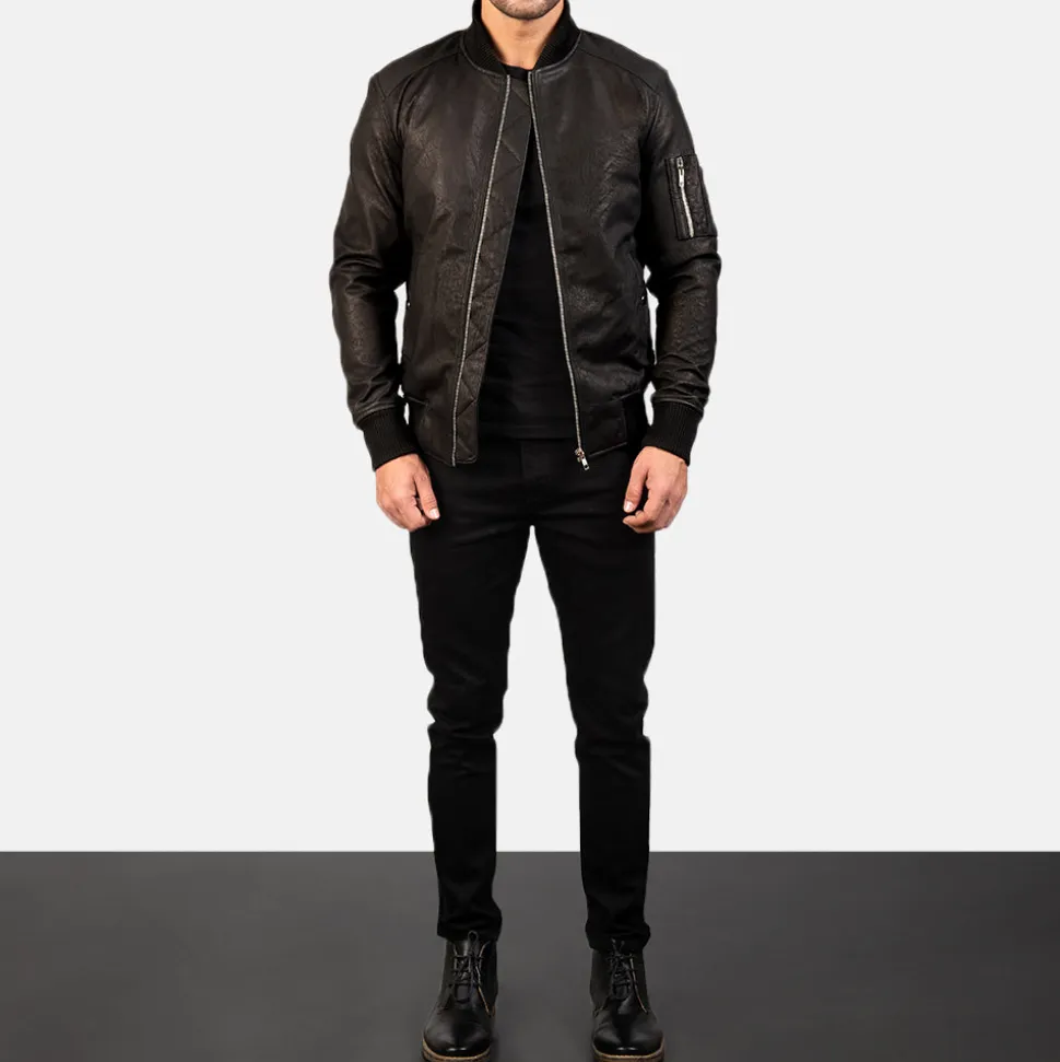 Bomia Ma-1 Distressed Black Leather Bomber Jacket