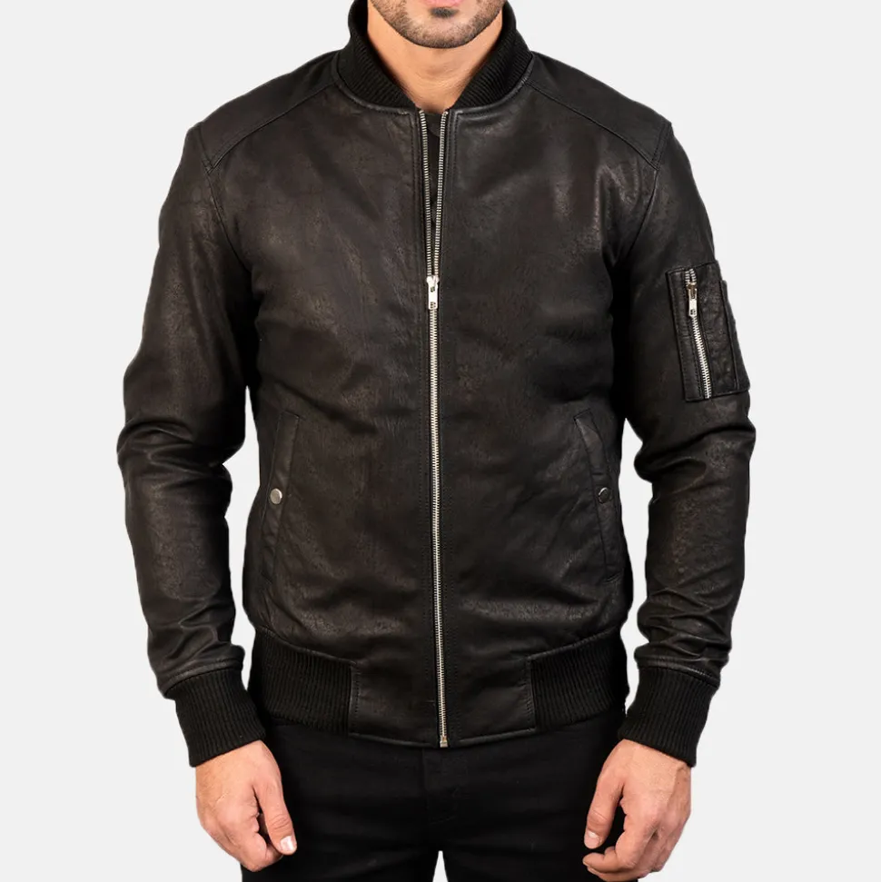Bomia Ma-1 Distressed Black Leather Bomber Jacket