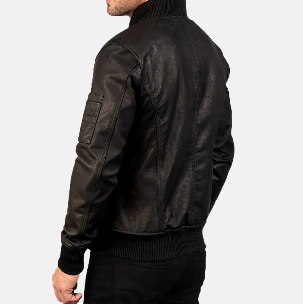 Bomia Ma-1 Distressed Black Leather Bomber Jacket