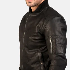 Bomia Ma-1 Distressed Black Leather Bomber Jacket