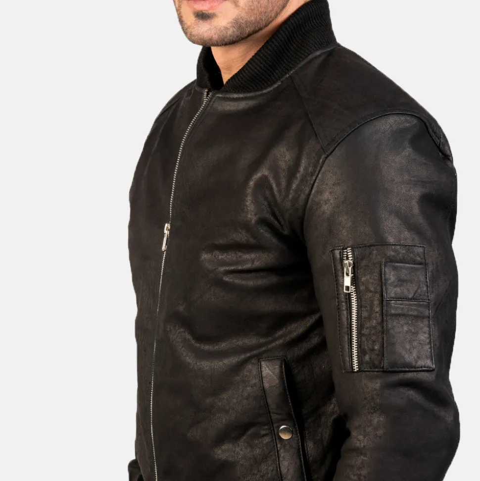 Bomia Ma-1 Distressed Black Leather Bomber Jacket