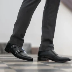 Boston Double Monk Strap Black Leather Shoes