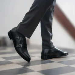 Boston Double Monk Strap Black Leather Shoes