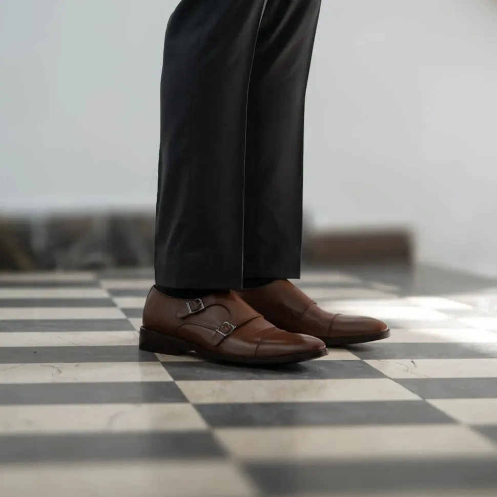 Boston Double Monk Strap Brown Leather Shoes