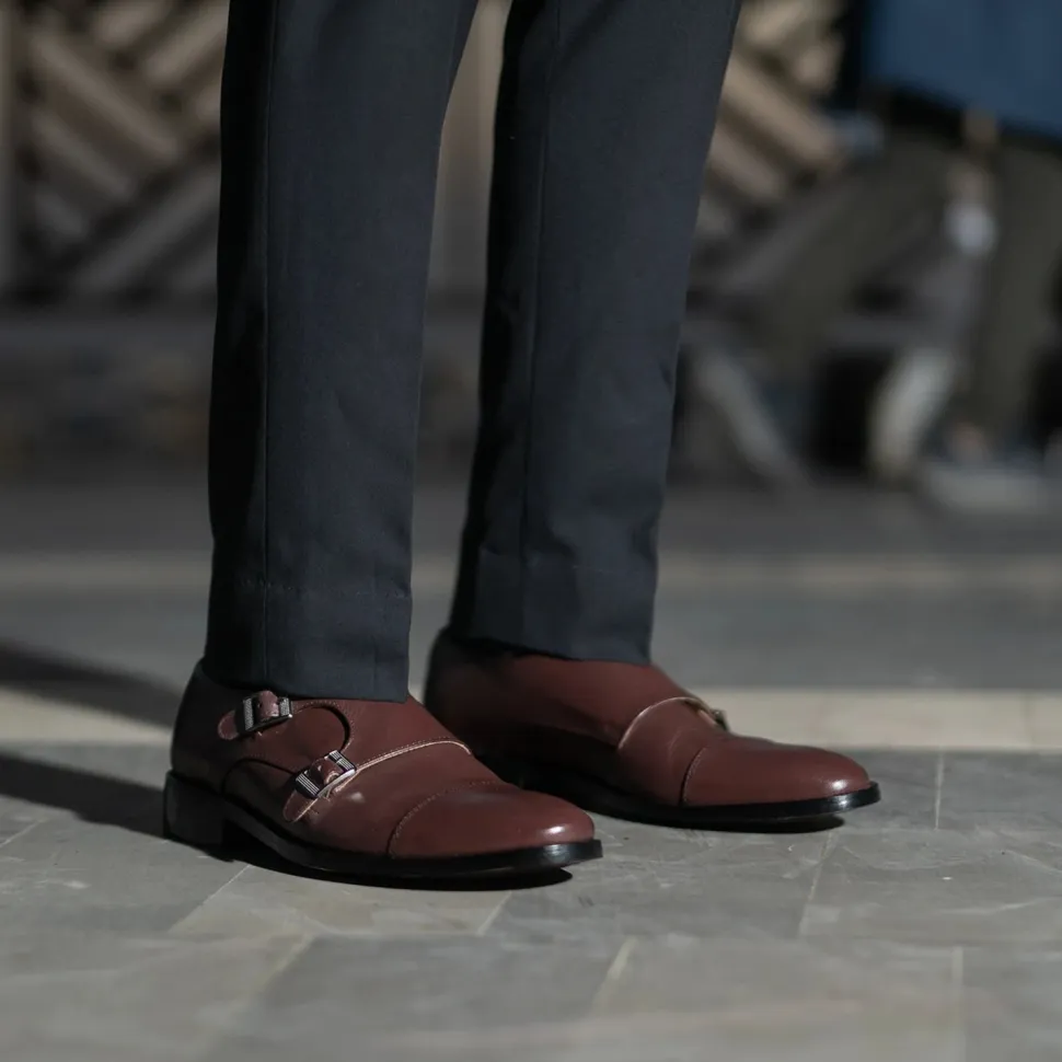 Boston Double Monk Strap Maroon Leather Shoes