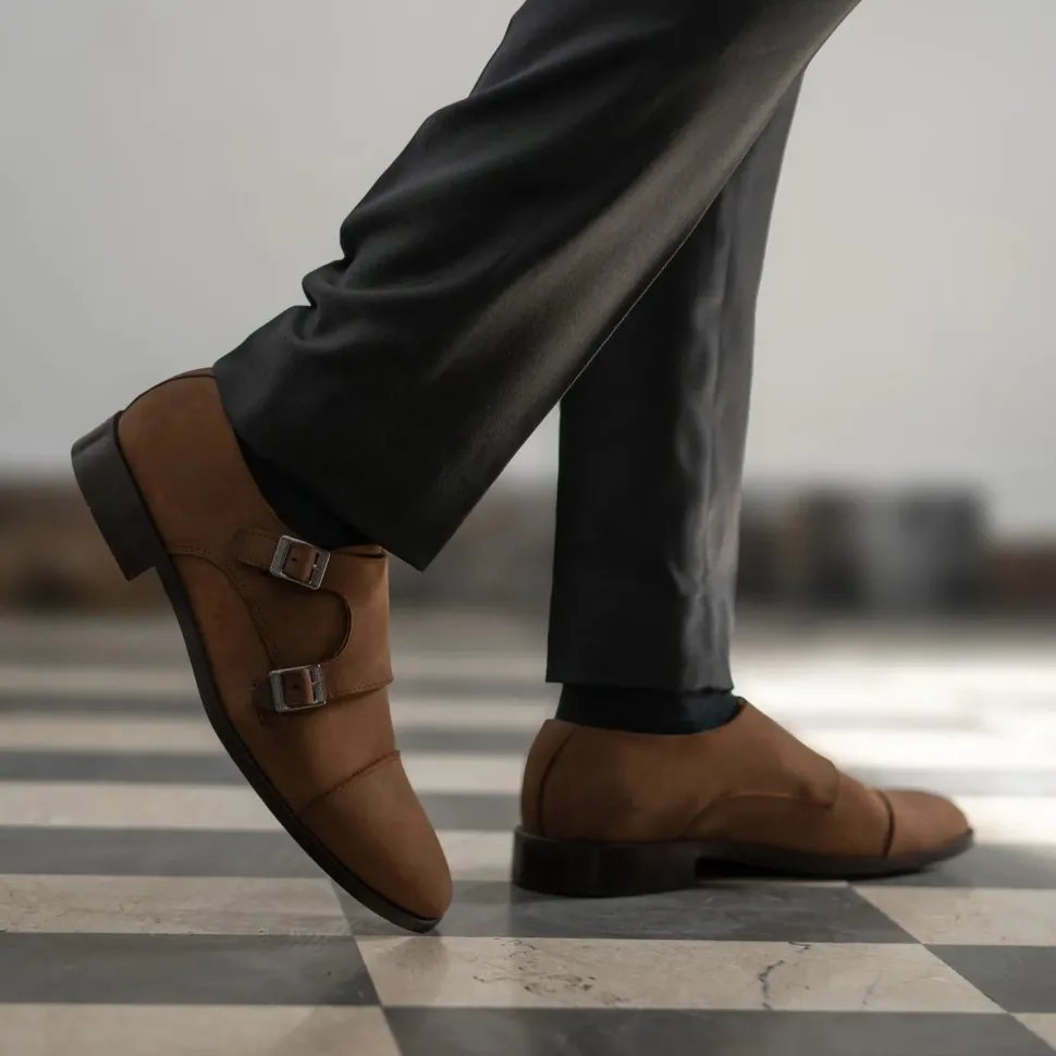 Boston Double Monk Strap Oil Pull-up Brown Leather Shoes