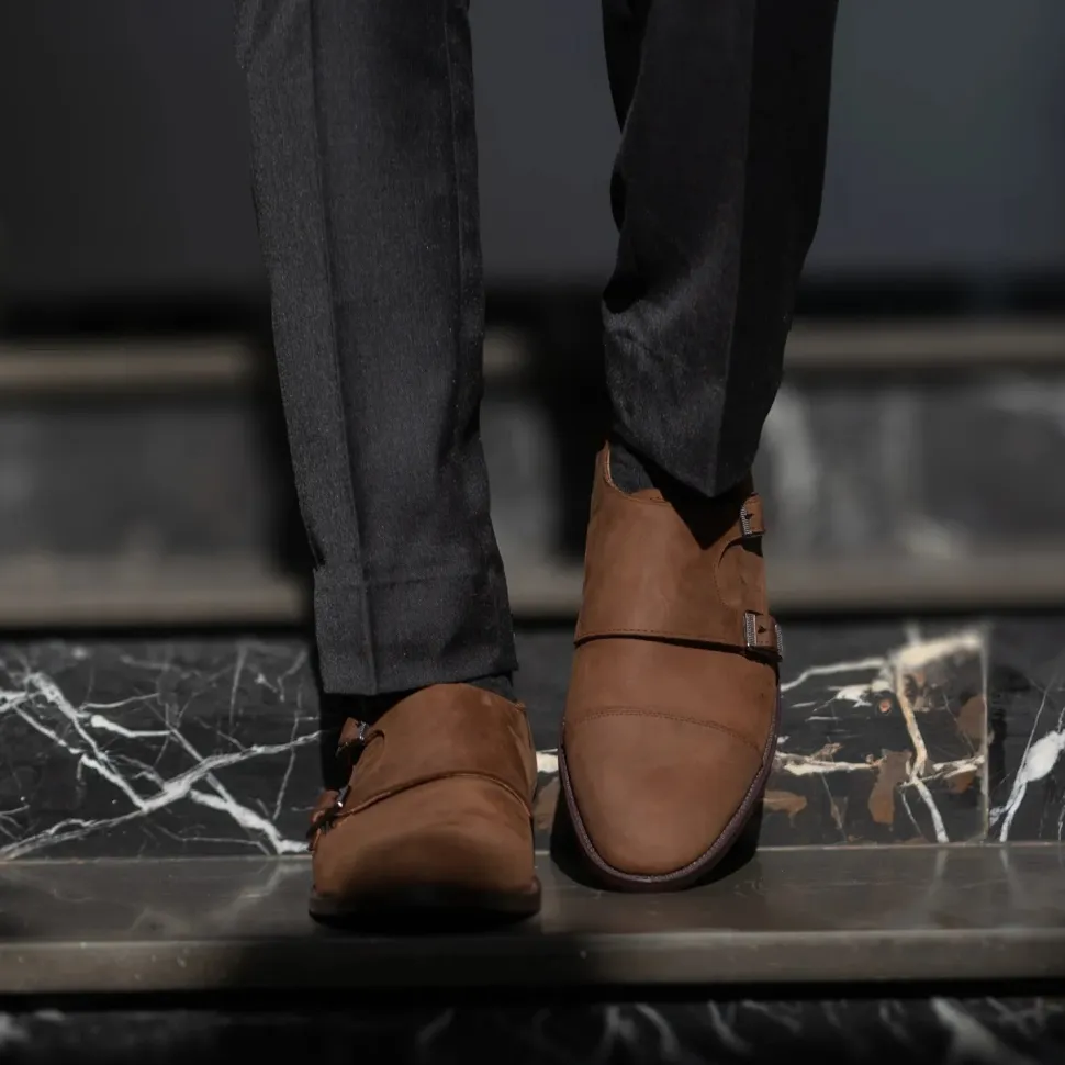 Boston Double Monk Strap Oil Pull-up Brown Leather Shoes