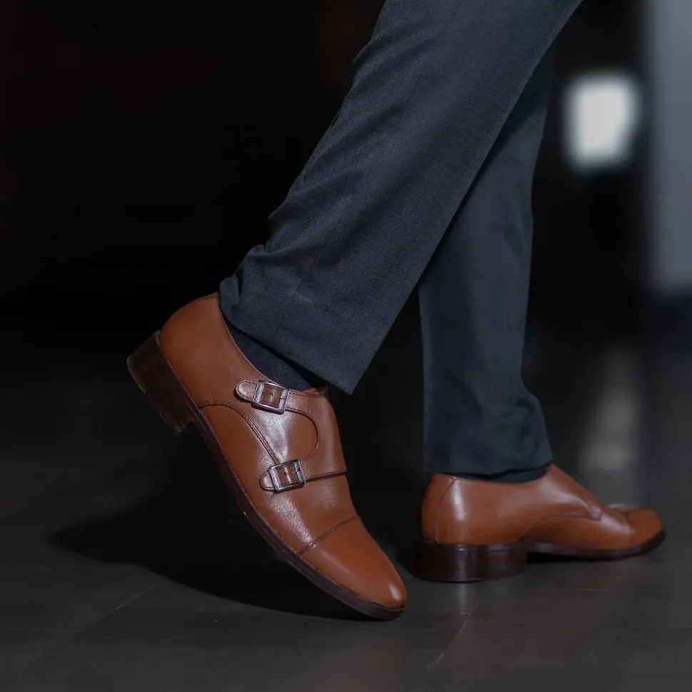 Boston Double Monk Strap Tan Leather Shoes