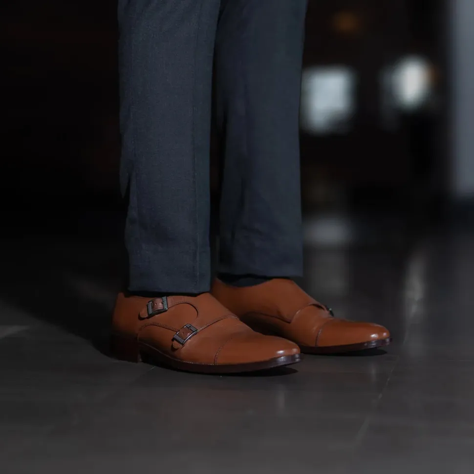 Boston Double Monk Strap Tan Leather Shoes