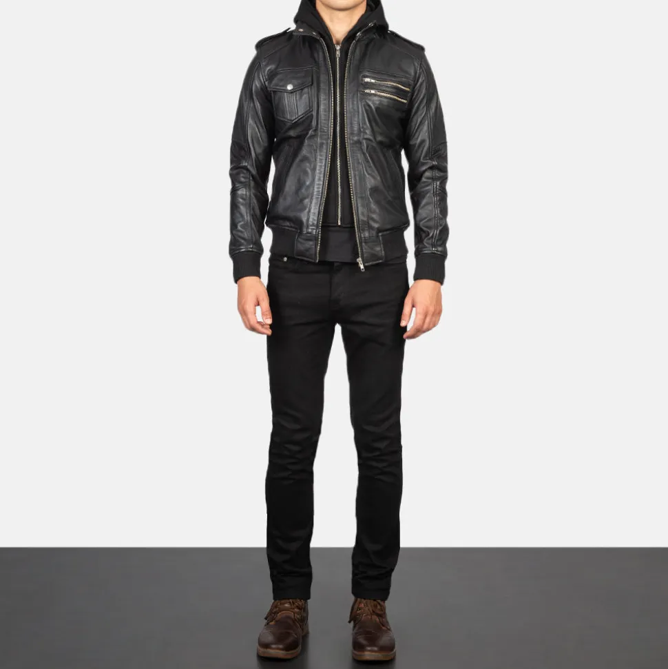 Bravado Black Hooded Leather Bomber Jacket