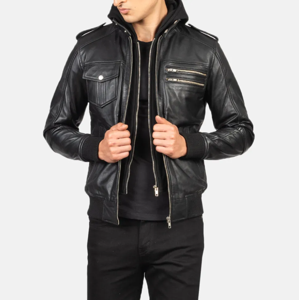 Bravado Black Hooded Leather Bomber Jacket