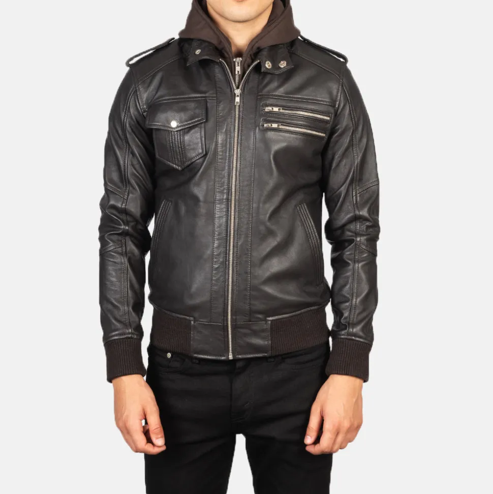 Bravado Brown Hooded Leather Bomber Jacket