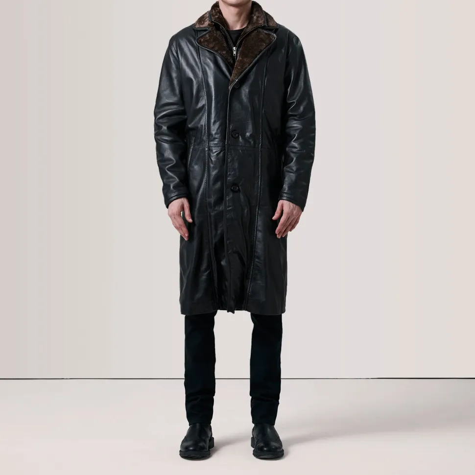 Cai Black Leather Shearling Coat