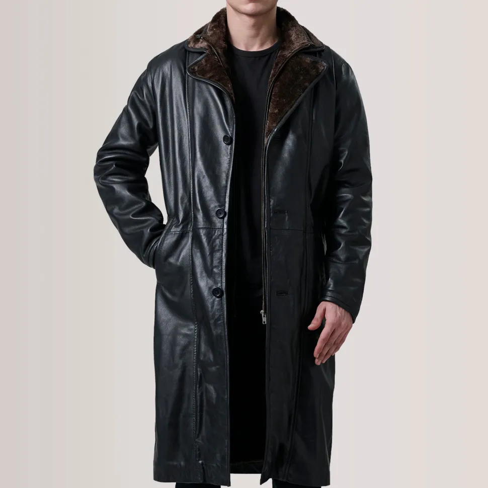 Cai Black Leather Shearling Coat