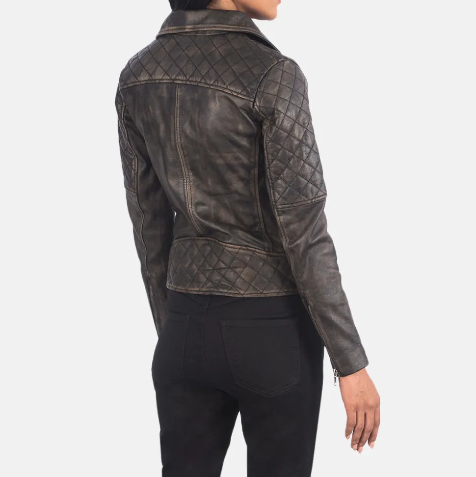 Carolyn Quilted Distressed Brown Biker Jacket
