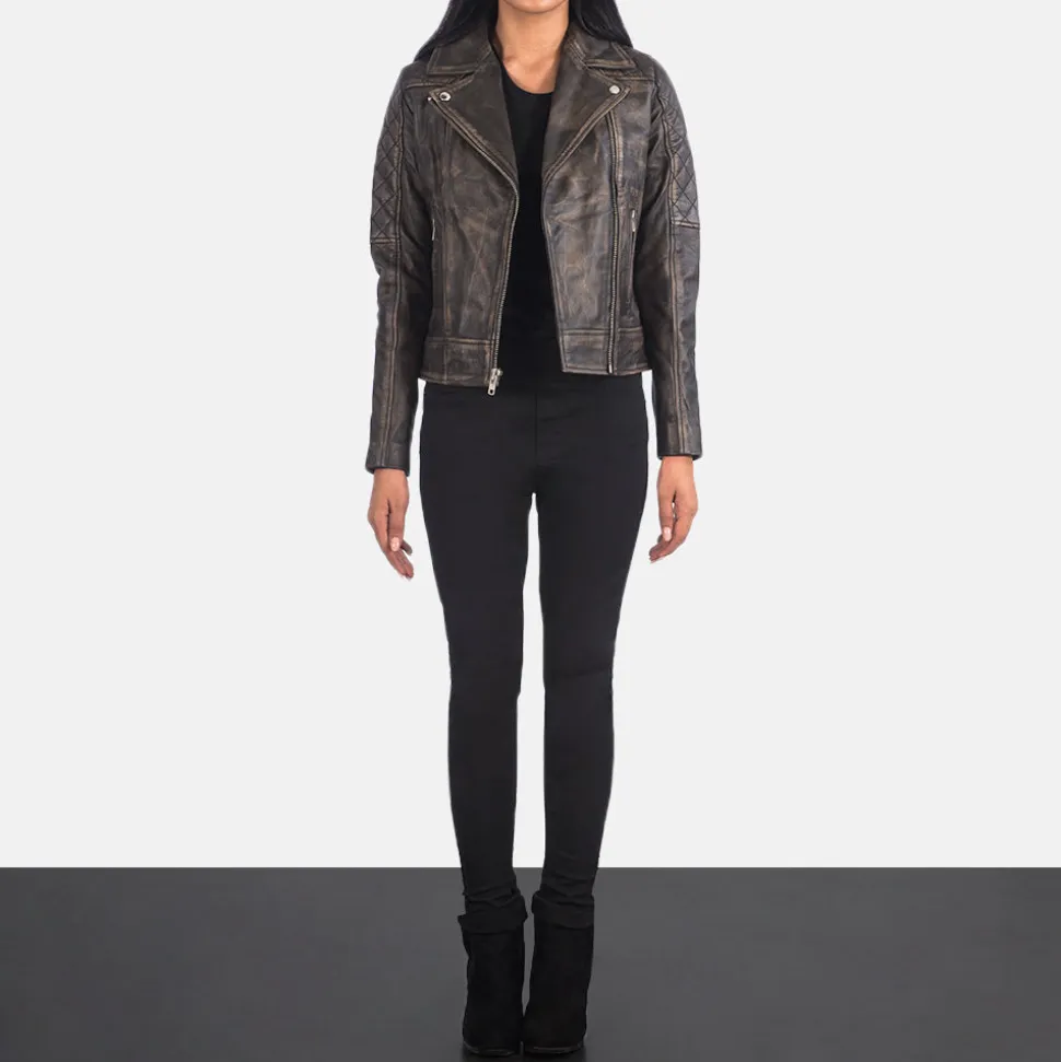 Carolyn Quilted Distressed Brown Biker Jacket