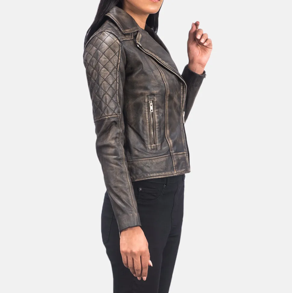 Carolyn Quilted Distressed Brown Biker Jacket