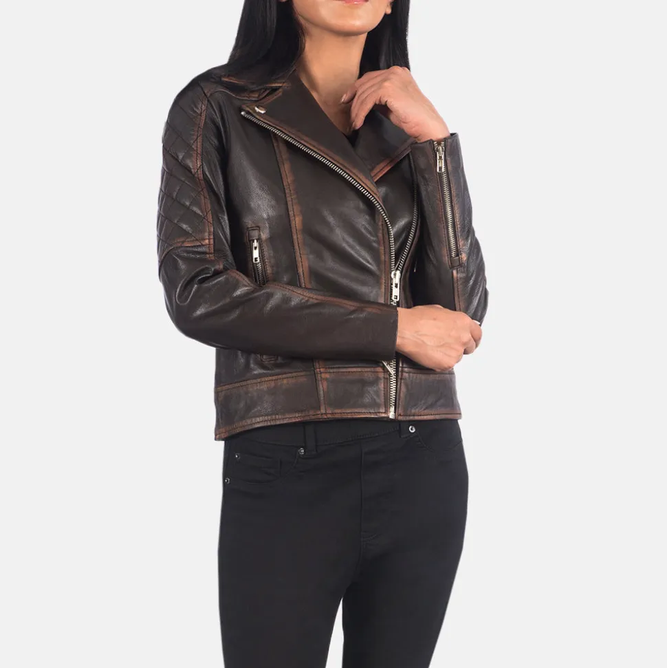 Carolyn Quilted Vintage Brown Biker Jacket