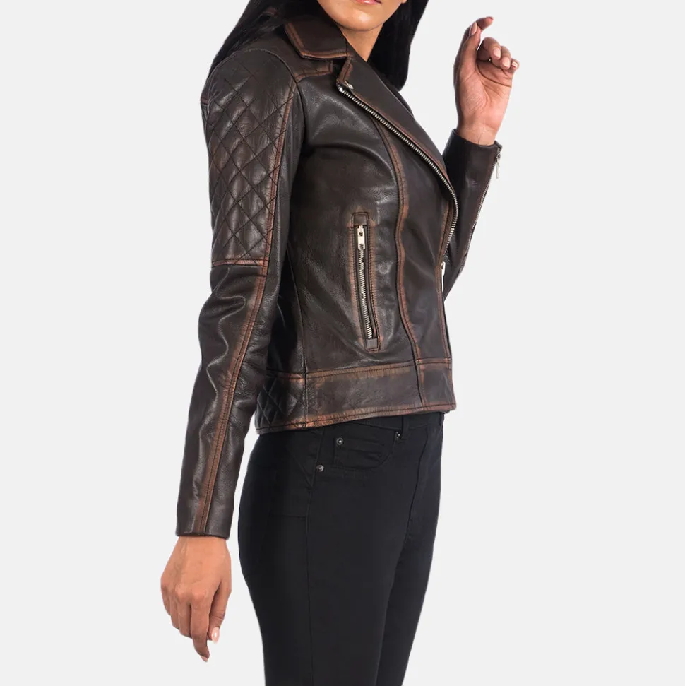 Carolyn Quilted Vintage Brown Biker Jacket
