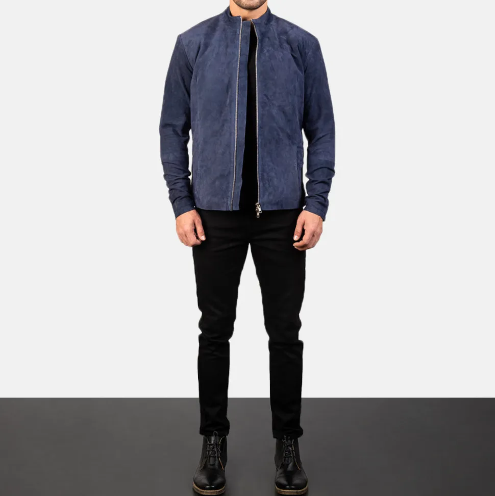 Charcoal Navy Blue Suede Biker Jacket