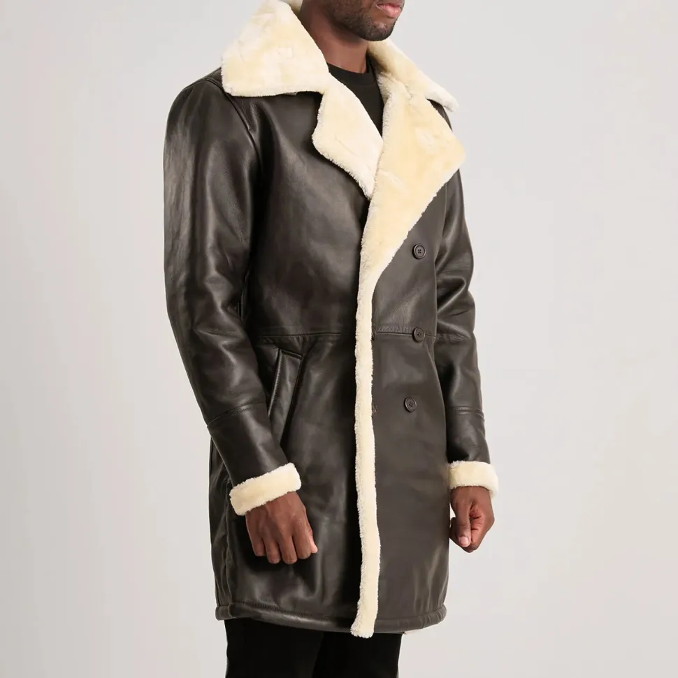 Charles Brown Leather Shearling Double-Breasted Coat