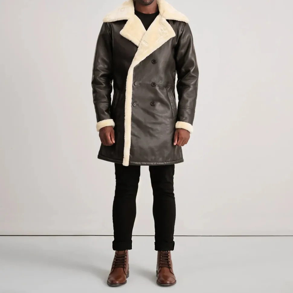 Charles Brown Leather Shearling Double-Breasted Coat