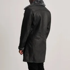Charles Distressed Black Leather Shearling Double-Breasted Coat