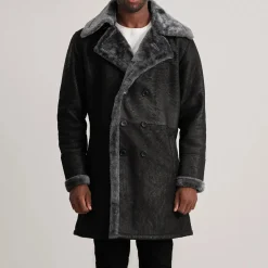 Charles Distressed Black Leather Shearling Double-Breasted Coat