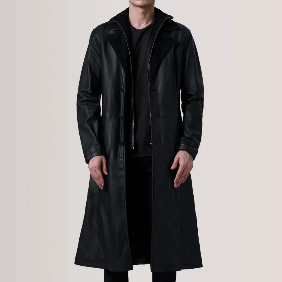 Charlton Black Leather Single Breasted Coat