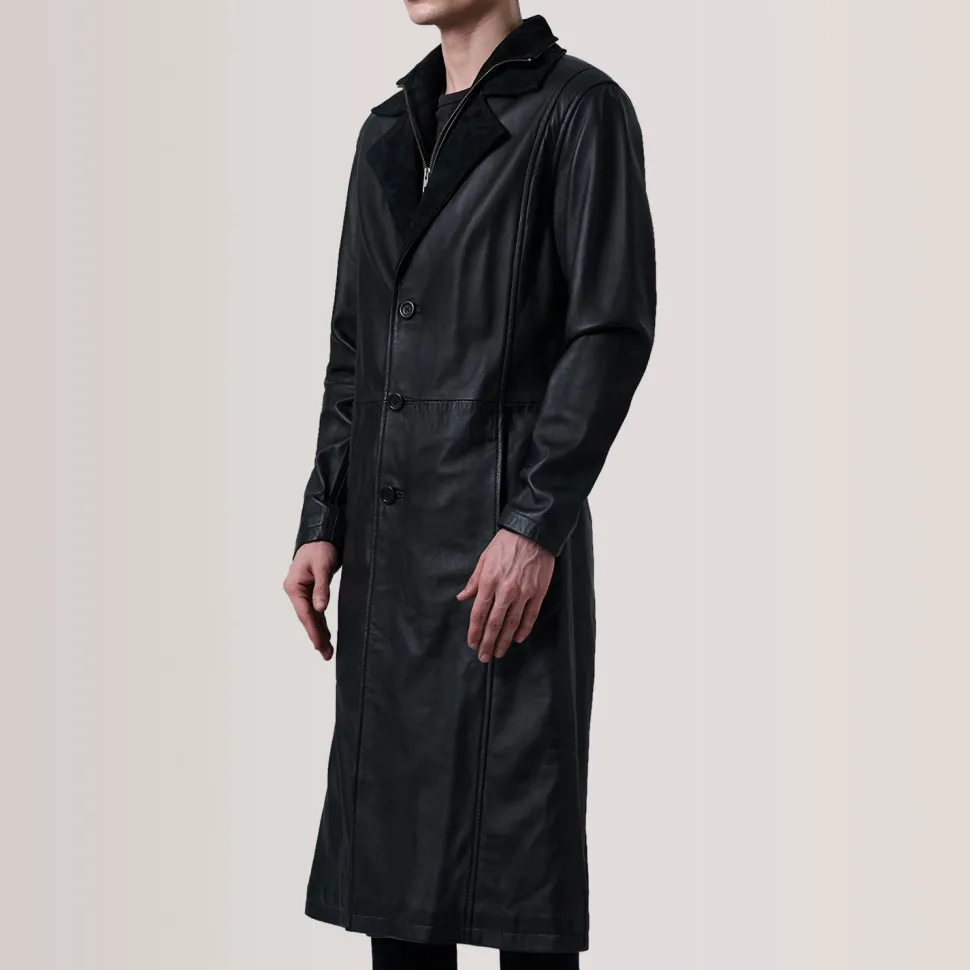 Charlton Black Leather Single Breasted Coat