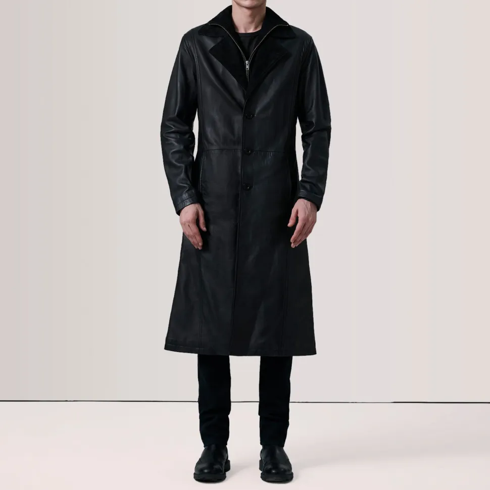 Charlton Black Leather Single Breasted Coat