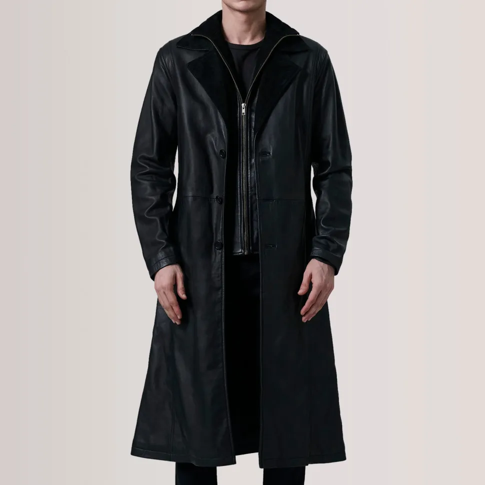 Charlton Black Leather Single Breasted Coat