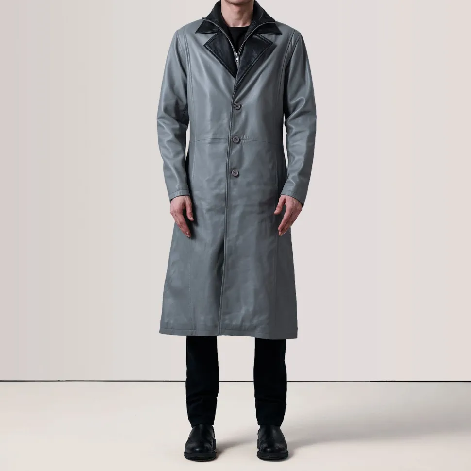 Charlton Grey Leather Single Breasted Coat